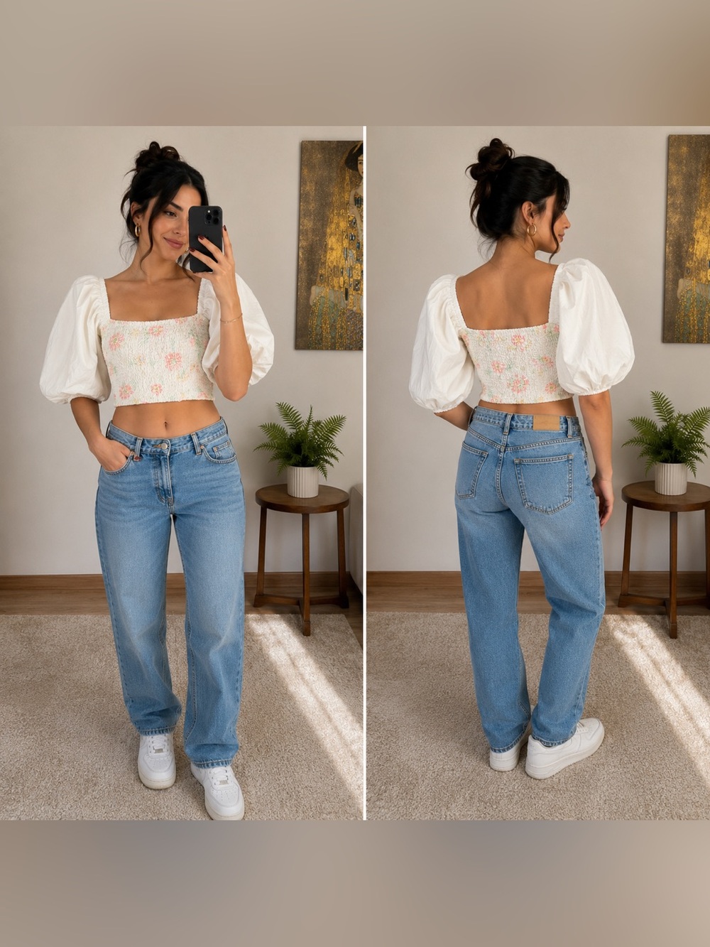 Zara White Smocked Top with Pastel Floral Detail